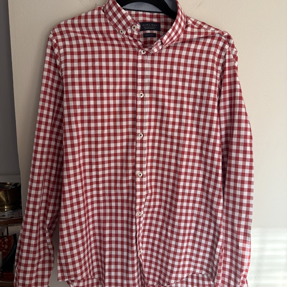 ZARA MAN Slim Fit Red White Check Woven Long Sleeve Button-Up Shirt Men Small